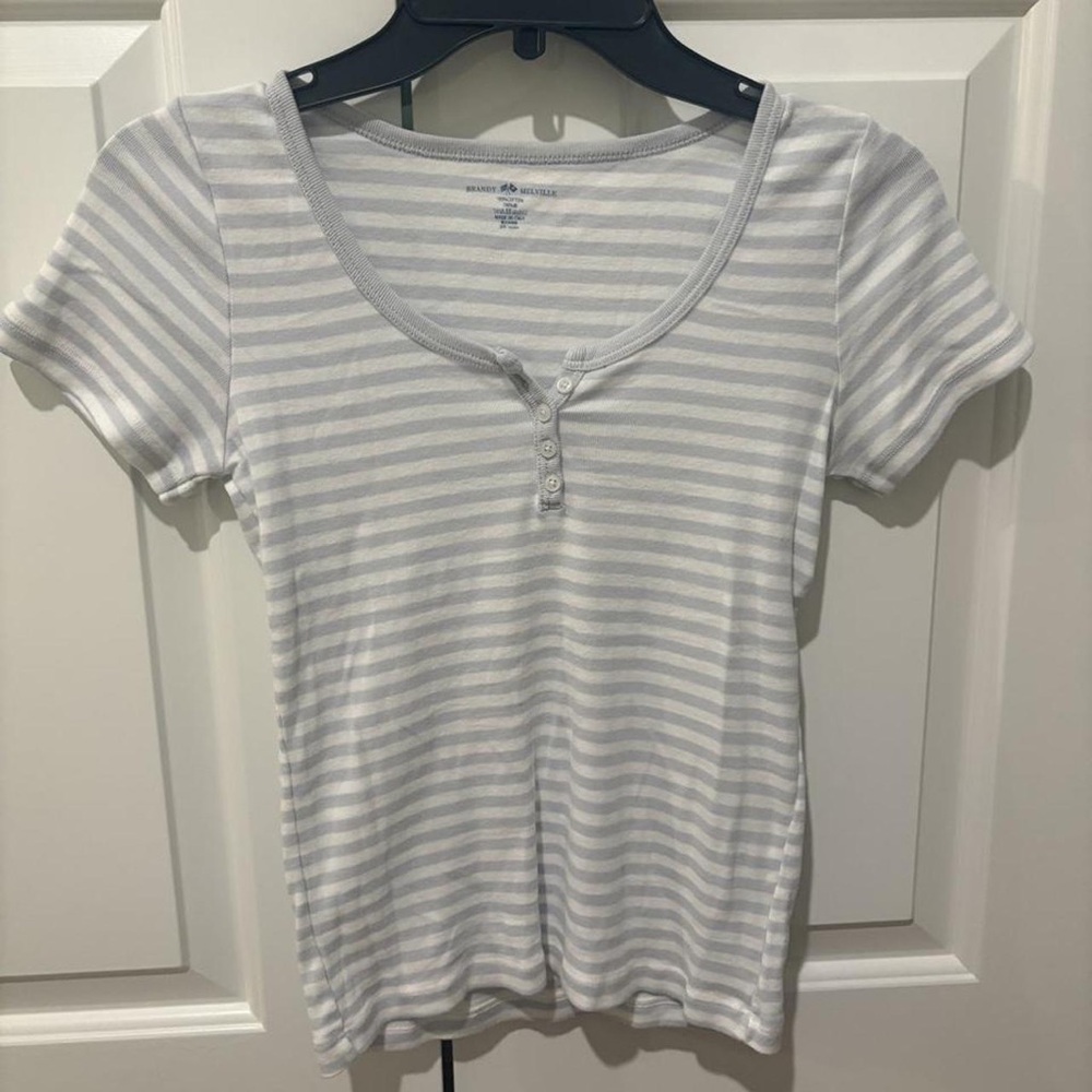 Brandy Melville White and Light Gray Striped Short Sleeve Henley Tee